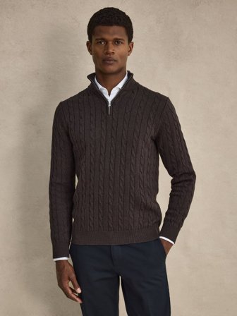 John Henric Men's Dunkelbrauner Zip Pullover Regular Fit Size S