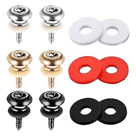 Kitarahihnan osat: 3 paria hihnan nappeja, päätytappeja ja 3 paria kumisia hihnan lukkoja