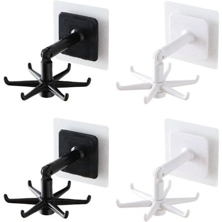 4-pack självhäftande krokar 360 graders roterande fällbar krok 6-klor, vertikal fällbar krok (svart + vit)