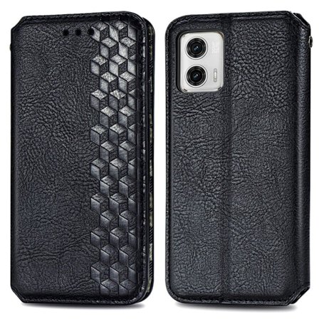 Nahkakotelo With A Stylish Rhombus Imprint For Motorola Moto G73 - Musta