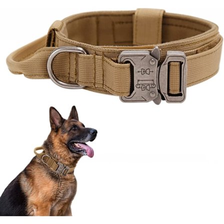 Brun Collier de Chien Tactique - Militært Halsbånd med Kontrollhåndtak, Justerbart Nylon Polstret Hundehalsbånd for Mellomstore og Store Hunder 