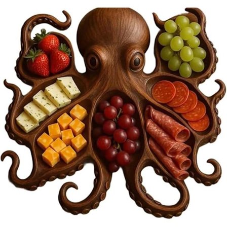 Kraken Blæksprutte Charcuteribræt - Havtema Træserveringsfad til Ost, Kød & Frugt | Unik Gave til Seafoodelskere, Hou