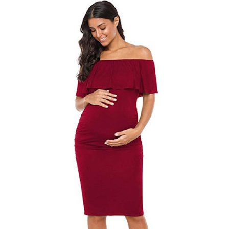 Kvinners Off Shoulder Maternity Ruffled Maxi Foto Kjole for Baby