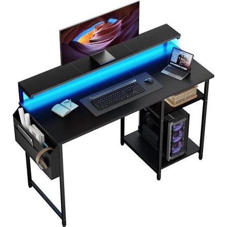 Tietokonepöytä - HLONONE - 120 x 48 cm - Kaksitasoinen malli - LED-valaistus - Korkeussäädettävä - Musta