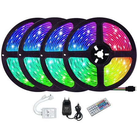20m RGB (4 ruller, 5m hver), 3528 farveskiftende LED fleksibel lysstrimmel med 44-knaps fjernbetjening til soveværelse TV lysstrimler med EU-stik