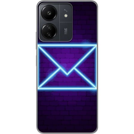 Kompatibelt Mobildeksel til Xiaomi Redmi 13C Neon illustrasjon av konvolutt i blått lys mot lilla murvegg, moderne symbol for meldinger kommunikasjon