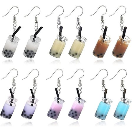 Heytea 6 par kreative unikke Bubble Boba Tea Dangle Øreringe Persolity Mælkete Drik Ørering Farverige Glasflaske Sjov Øreringe Til Pige Smykker