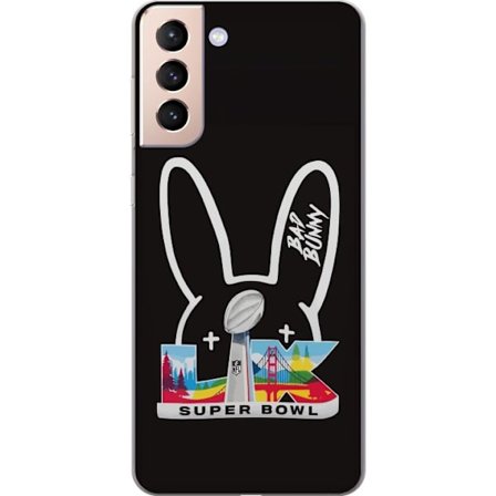 Kompatibel Mobilcover til Samsung Galaxy S21 Bad Bunny portræt med åben skjorte, tatoveringer og krøllet hår i stilfuld modefotografering