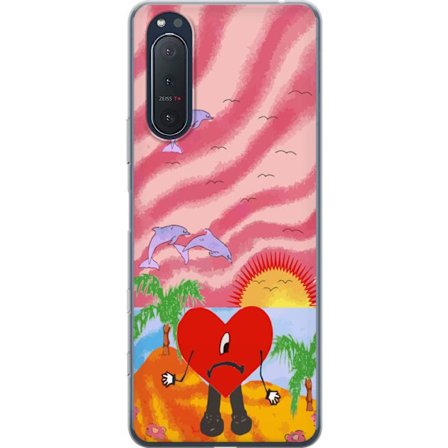 Kompatibel Mobilcover til Sony Xperia 5 II Bad Bunny i en farverig quiltet jakke med hjertemønster og solbriller i moderne gade stil