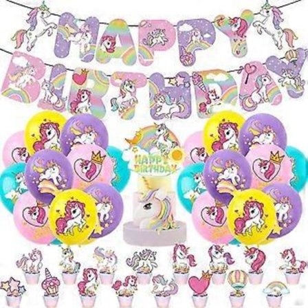 Barn Flickor Enhörningstema Grattis på födelsedagen Fest Baby Shower Tillbehör Kit Banner Ballonger Tårta Cupcake Toppers Dekorationsset