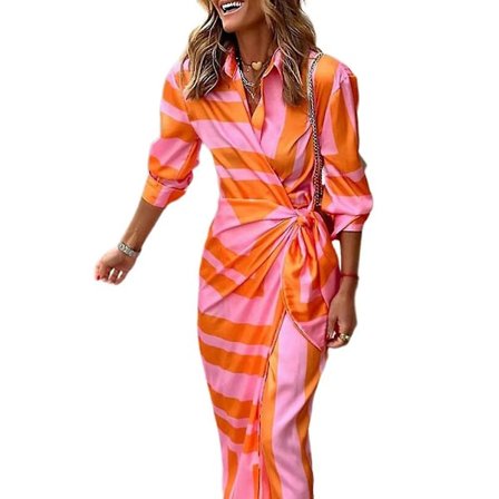 Dame Pluss Størrelse Langermet Trykt Krage Knyte Skjorte Omslagskjole Midi Kjole (Oransje og Rosa S){f2}