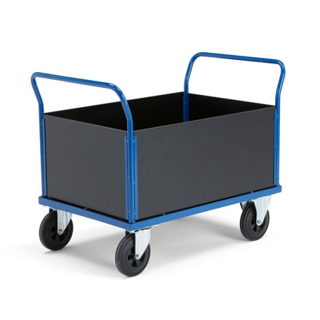 Platform trolley TRANSFER, high wooden sides, 1000x700 mm, solid rubber, with brakes