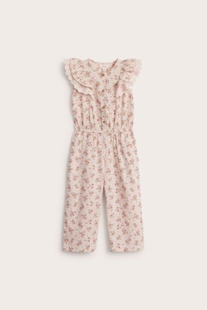 Newbie | Blommig jumpsuit med volang | Ljusrosa