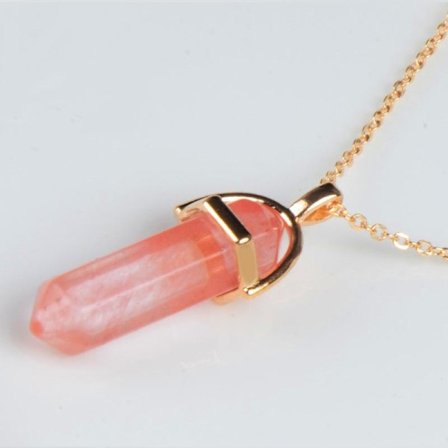 Halsband i Guld Färg med Transparent Korallröd Natursten i form av en Hexagon