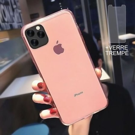 Coque och Härdat Glas - E.F.CONNECTION - för iPhone 12 Pro Max - Mjuk Silikon - Halvtransparent Rosa - Stötabsorberande