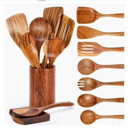 Keittiösetti keittiövälineet 9-osainen setti - puiset ruokailuvälineet tarttumaton paistinpannu puinen lasta pitkä kahva massiivipuinen 