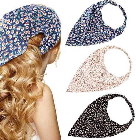 3 stk. blomstrede hovedtørklæder, pandebånd i chiffon med elastisk hovedbånd