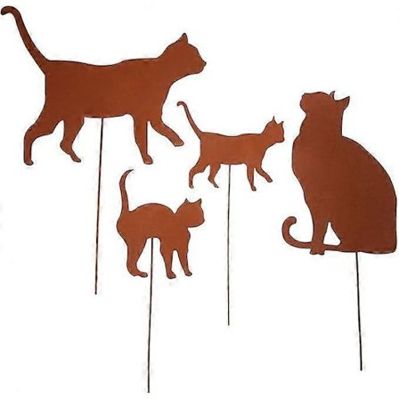 Set med 4 Trädgårdsdekorationer Katt - Rostig Look - Tillverkad av Rostfritt Stål - för Trädgård, Uteplats, Balkong eller Blomkruka (FMY)