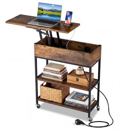 COSTWAY Rullende Sidebord med Hævebord 60 x 24 x 67,5 cm med Opladningsstation Åbne Hylder til Stue, Soveværelse