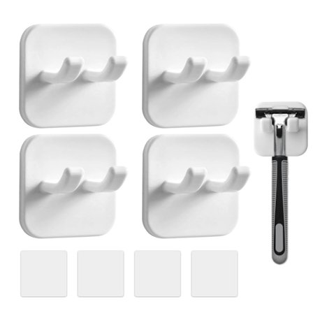 4-delt barberknivholder til brusebad, selvklæbende barberknivkroge, vandtæt til væg, 2025-model, aftagelige og genanvendelige loofah-kroge (hvid)