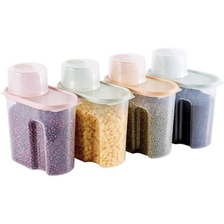 Förvaringsbehållare för spannmål, set med 4 transparenta plastbehållare för livsmedel, 1,9 L matförvaring för spannmål, havre, bönor (flera färger)