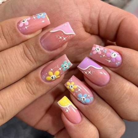 24 st Flower Fake Nails Långa, Rosa Fransk Press på Naglar Mönster, Söta Medium Ballerina Stick på Naglar för Kvinnor, Akryl Kista Falska Naglar