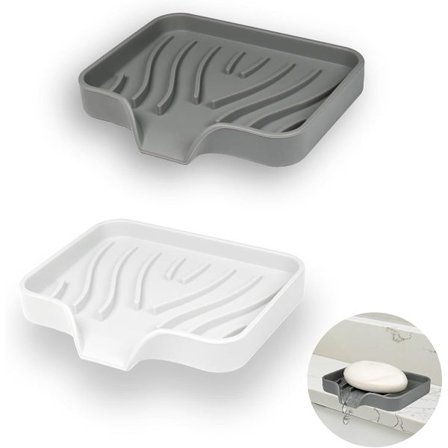 ING 2-delt sæbeskål i silikone med afløb, sæbeskål til brusebad, sæbeholder til badekar, sæbeunderlag til vask, badeværelse, køkken, hvid, grå