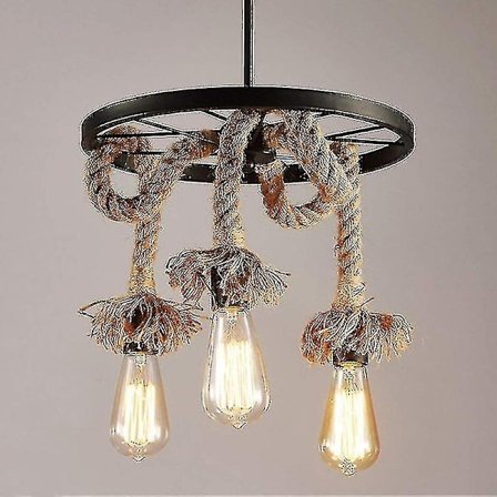 Rebirth Hamppu Köysi Riippuvalaisin Kattokruunu 3 Lamppu E27, Retro Industrial Wheel Kattovalaisin Ravintolaan Olohuoneeseen Ruokasaliin Baariin-XF4-