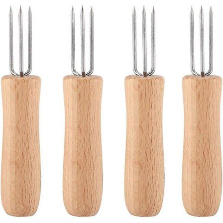 Majskolbeholdere, 4 stk. Træhåndtag Rustfrit Stål BBQ Kød Frugt Gafler Grill Majskolbeholdere til Madlavning og Grilning