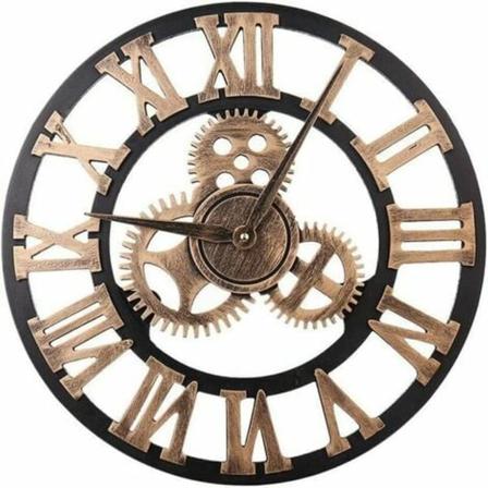 Stor vintage vægur, rund, metal, lydløs, ikke tikkende, batteridrevet, 45 cm, sorte romertal, stue