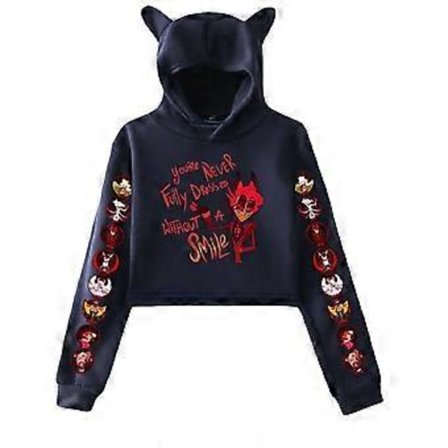 Korte hettegensere Dame Hazbin Hotel Dame Genser Treningsdress Langermet Kvinnelig Cropped Top Mote Koreanske Klær Harajuku(XS marineblå)