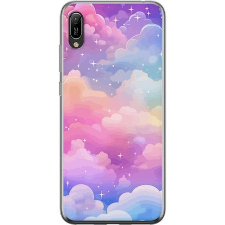Kompatibelt Mobildeksel til Huawei Y6 Pro (2019) Søt enhjørning med regnbuefarget hår mot en stjernebelagt pastellbakgrunn i kawaii-stil