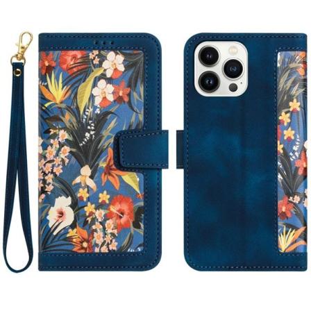 iPhone 15 Pro Pungeetui Blomstermønster - Mørkeblå