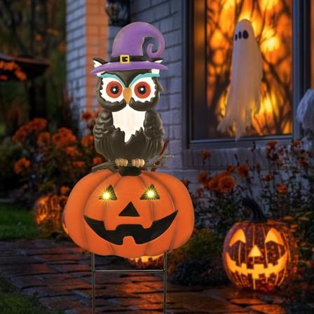 Halloween Græskar Dekorationer Udendørs, Metal Ugle & Græskar Havepæl med Solcellelys, Havepynt Udendørs til Halloween Lilla Purple