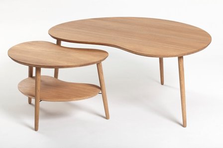 Sæt: Lille bønnebord med lav hylde og stort bønnebord – massiv eg