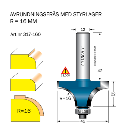 Cobolt 317-160 Avrundingsfres R=16 D=45 L=22, Maskintilbehør & forbruk