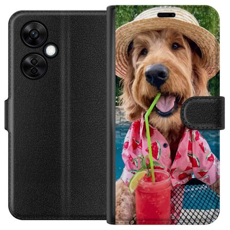 Kompatibelt Plånboksfodral till OnePlus OnePlus Nord CE 3 Lite Sommarhund dryck motiv med glad hund i hatt och rosa skjorta som dricker en smoothie v