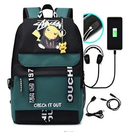 Pokemon Rygsæk Vandtæt Skoletaske med USB og Hovedtelefonstik