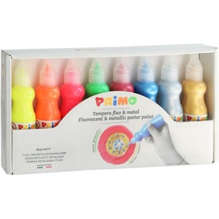 PRIMO 2532FM8 gouache i overlegen kvalitet i flaske med tud, 8 farver: 4 fluorescerende farver og 4 metalfarver.
