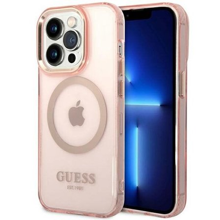 Guess GUHMP14XHTCMP iPhone 14 Pro Max 6,7" pink/pink hard case Gold Outline Translucent MagSafe