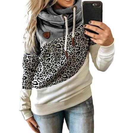 Hættetrøje til kvinder med rullekrave sweatshirt hættetrøje sport camo sweater Leopard + grå
