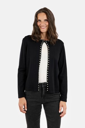 SIGNATURE - Langærmet Cardigan - Sort - Perle Detalje