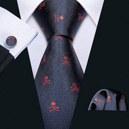 Navy Red Skull Designer Herre Slips Tie Lommeduk Mansjettknapper Sett Silke Slips For Mann Stilig Fest Forretningsgave
