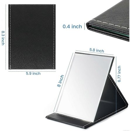 Bærbart Foldespejl, Super HD Kompakt Makeup Spejl, Sort PU Læder Rejsespejl, Fritstående Toiletbordsspejle