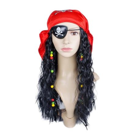 Piratparyk med skjerf øyeplaster sett piratantrekk kostymetilbehør svart krøllete piratparykk for Halloween-fest karnevaler (FMY)