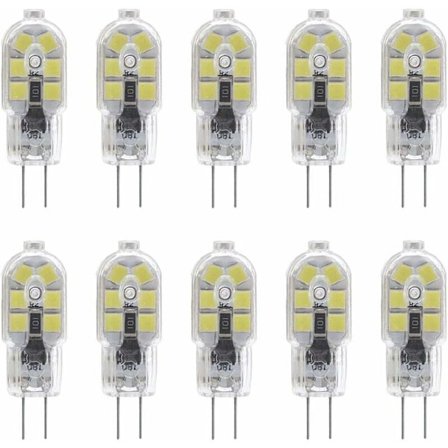10-pack G4 2W LED-lampor för köksfläkt, 12V AC/DC, 200LM, kallvit 6000K, ej dimbar, Bi-Pin med klar PVC-kåpa