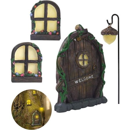 Mini Sagoskogsträdgård Tillbehör Utomhus Dekorationssats Trädstubbe Ornament Tomte Dörr Set Trädgårdskonst Utomhus Mellanrum Barn Fönster Glöd i 