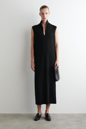 COS Damen Kleid Aus Merinowolle Mit Drapiertem Kragen - Schwarz