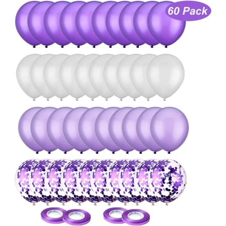 60 Vita Blå Ballonger med Blå Konfettiballonger, 12 Tums Helium Ballonger för Bröllop, Födelsedag, Dop Dekoration (Lila Vit)