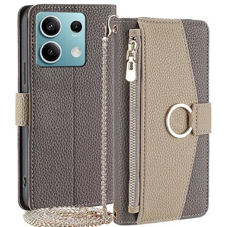 For Xiaomi Redmi Note 13 4G Etui PU Lær Glidelås Lommebok Telefondeksel med Sminke Speil - Grå
